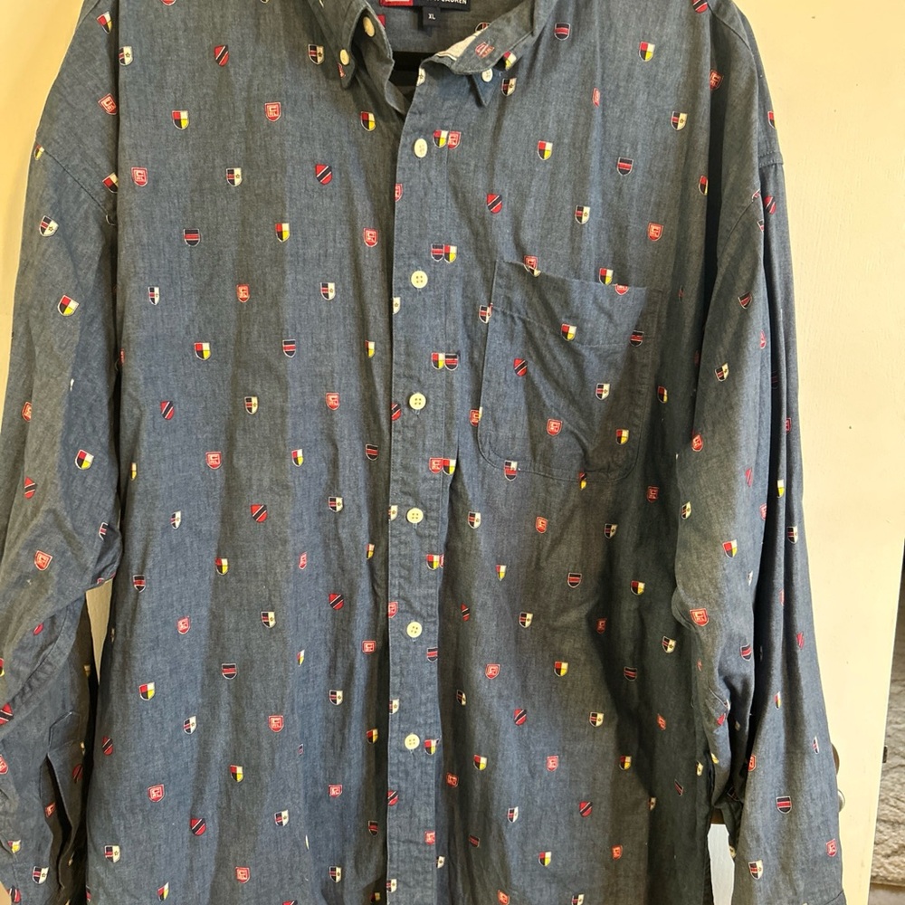 Chaps Blue Shirt with Colorful Emblems